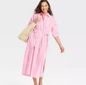 Women's Long Sleeve‎ Cinch Waist Maxi Cotton Shirtdress